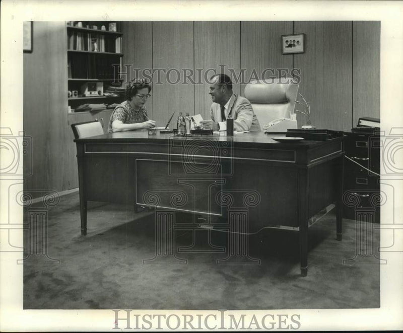 Load image into Gallery viewer, 1963 Press Photo Philip J. Schoen III dictates letter to Miss Josephine Mazza
