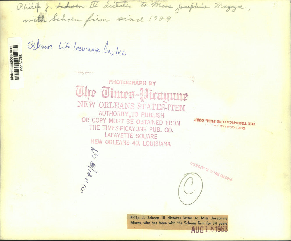 1963 Press Photo Philip J. Schoen III dictates letter to Miss Josephine Mazza