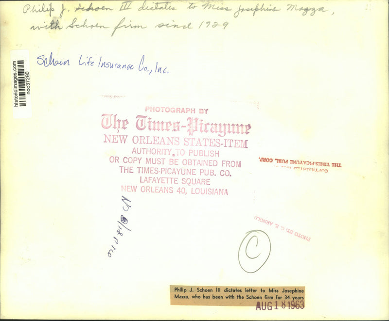 Load image into Gallery viewer, 1963 Press Photo Philip J. Schoen III dictates letter to Miss Josephine Mazza
