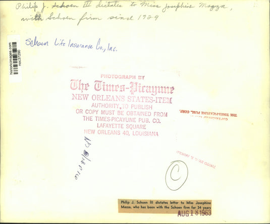1963 Press Photo Philip J. Schoen III dictates letter to Miss Josephine Mazza