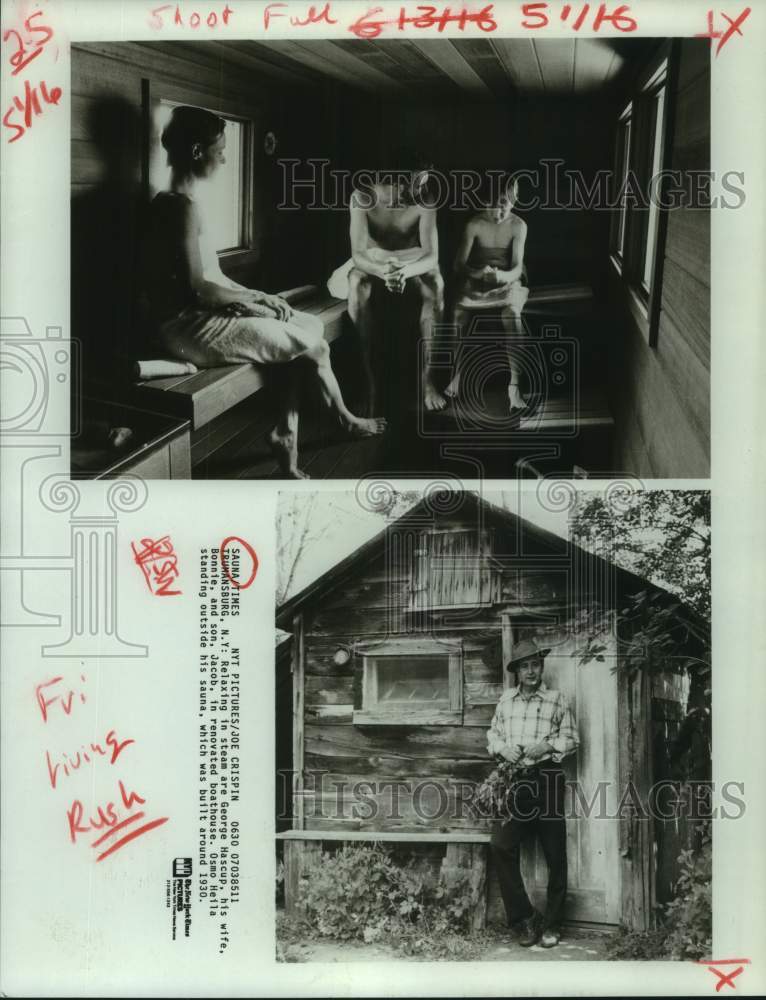 Load image into Gallery viewer, 1985 Press Photo Saunas enjoyed by George Hascup and family and Osmo Heila.

