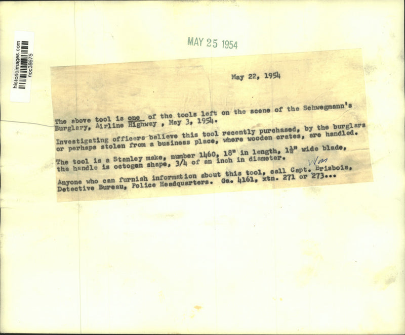 Load image into Gallery viewer, 1954 Press Photo Tool left on scene of Schwegmann's Burglary, Airline Highway
