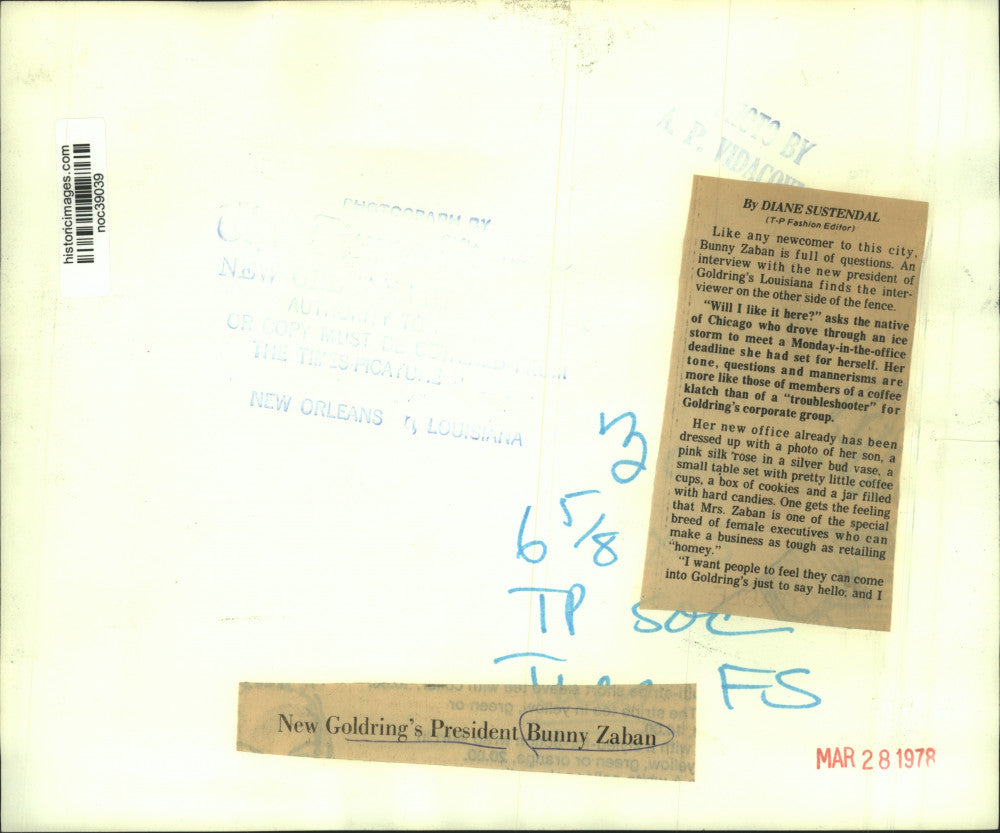 1978 Press Photo Bunny Zaban, New President, Goldring's Louisiana - noc39039