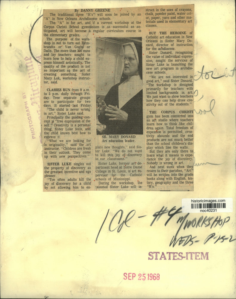 1968 Press Photo Sister Mary Donard, art education leader - noc40231