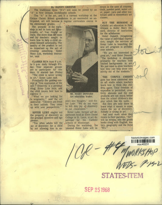 1968 Press Photo Sister Mary Donard, art education leader - noc40231