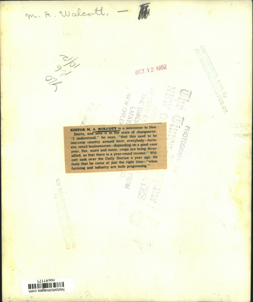 1952 Press Photo M. A. Wolcott, Editor, Daily Iberian, Discussed Crop Diversity