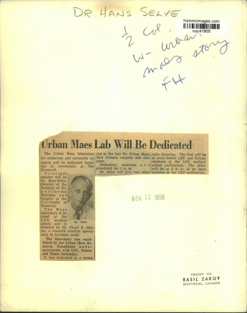 1956 Press Photo Dr. Hans Selye to speak at Urban Maes Laboratory dedication.