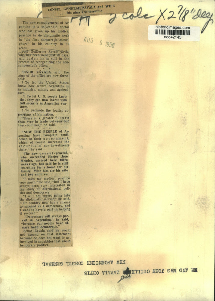 1956 Press Photo Jose Guillermo Zavala Ortiz and Wife, of Argentina - noc42145