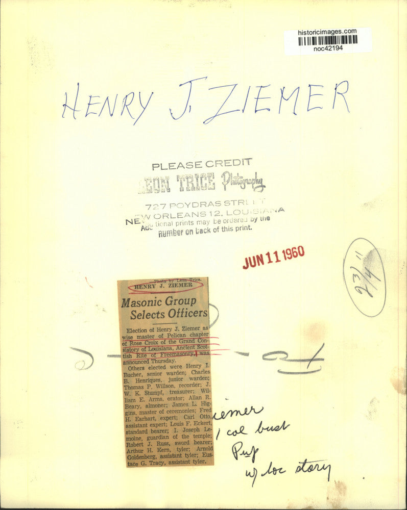1960 Press Photo Henry J. Ziemer, wise master Pelican chapter Rose Croix