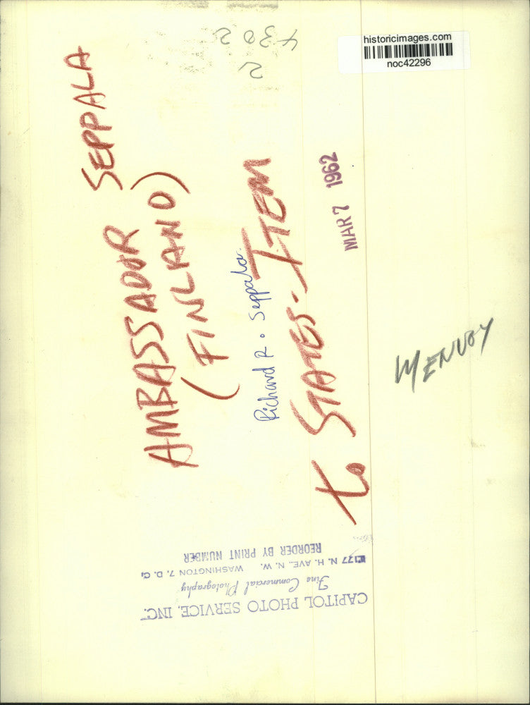 1962 Press Photo Richard R. Seppala, Finland Ambassador to the United States