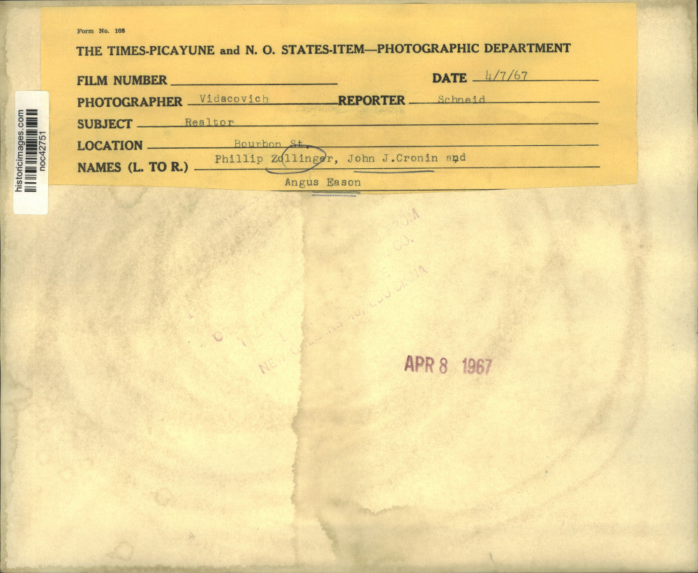 1967 Press Photo Phillip Zollinger, John Cronin, Angus Eason at Bourbon Street