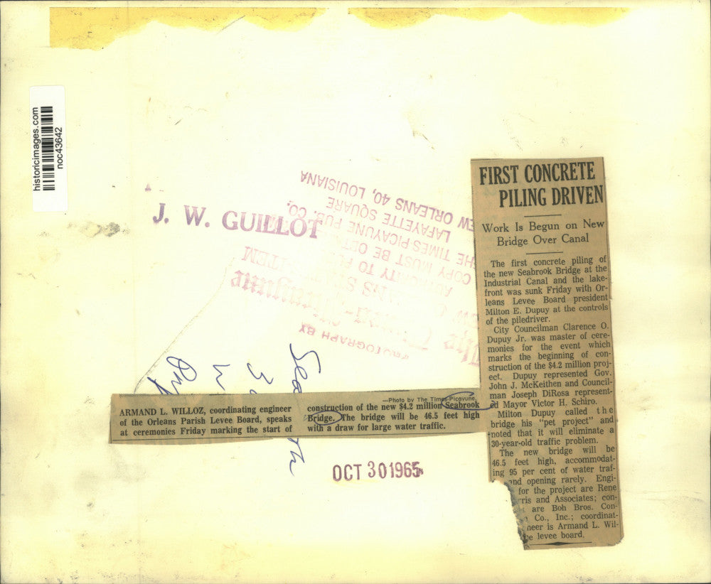 1965 Press Photo Seabrook Bridge construction ceremony with Armand Willoz