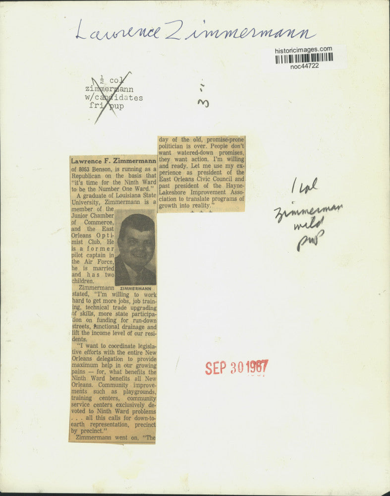 1967 Press Photo Ninth Ward candidate Lawrence Zimmermann in New Orleans