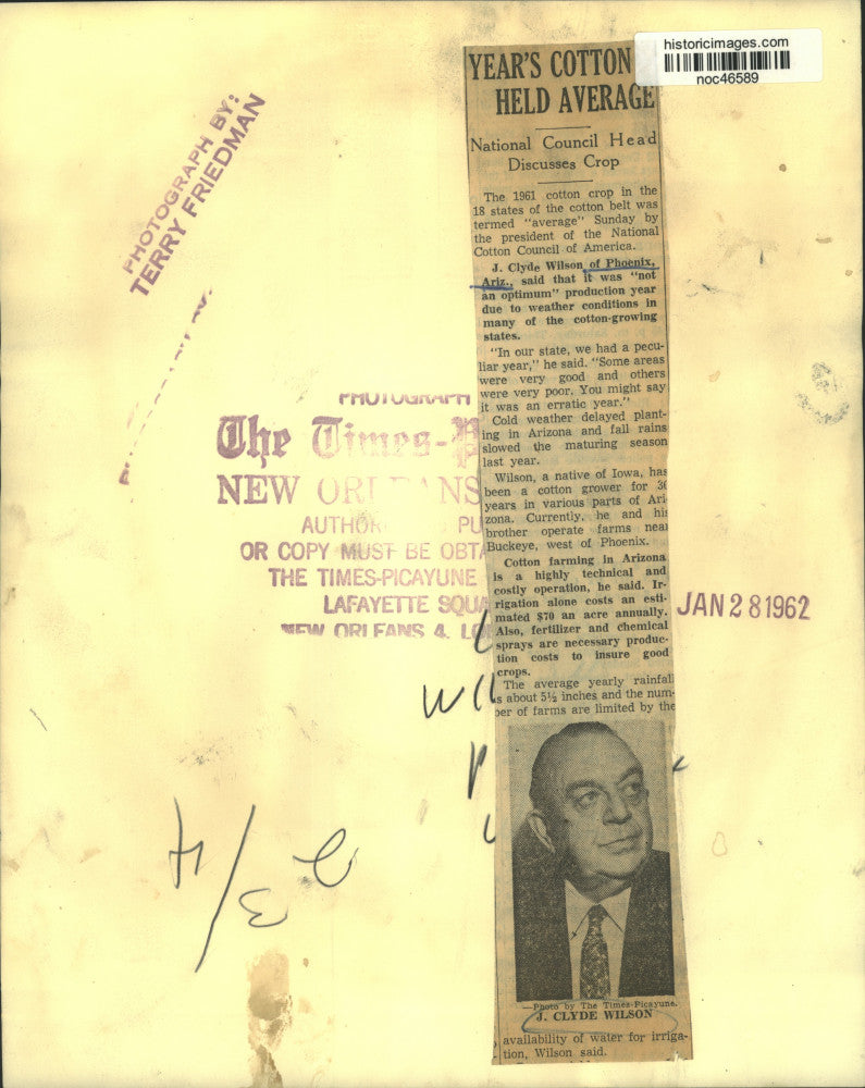 1962 Press Photo J. Clyde Wilson, President, National Cotton Council of America