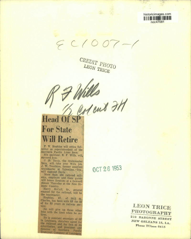 Load image into Gallery viewer, 1953 Press Photo R.F. Wills to succeed F.W. Hopkins as head of Southern Pacific
