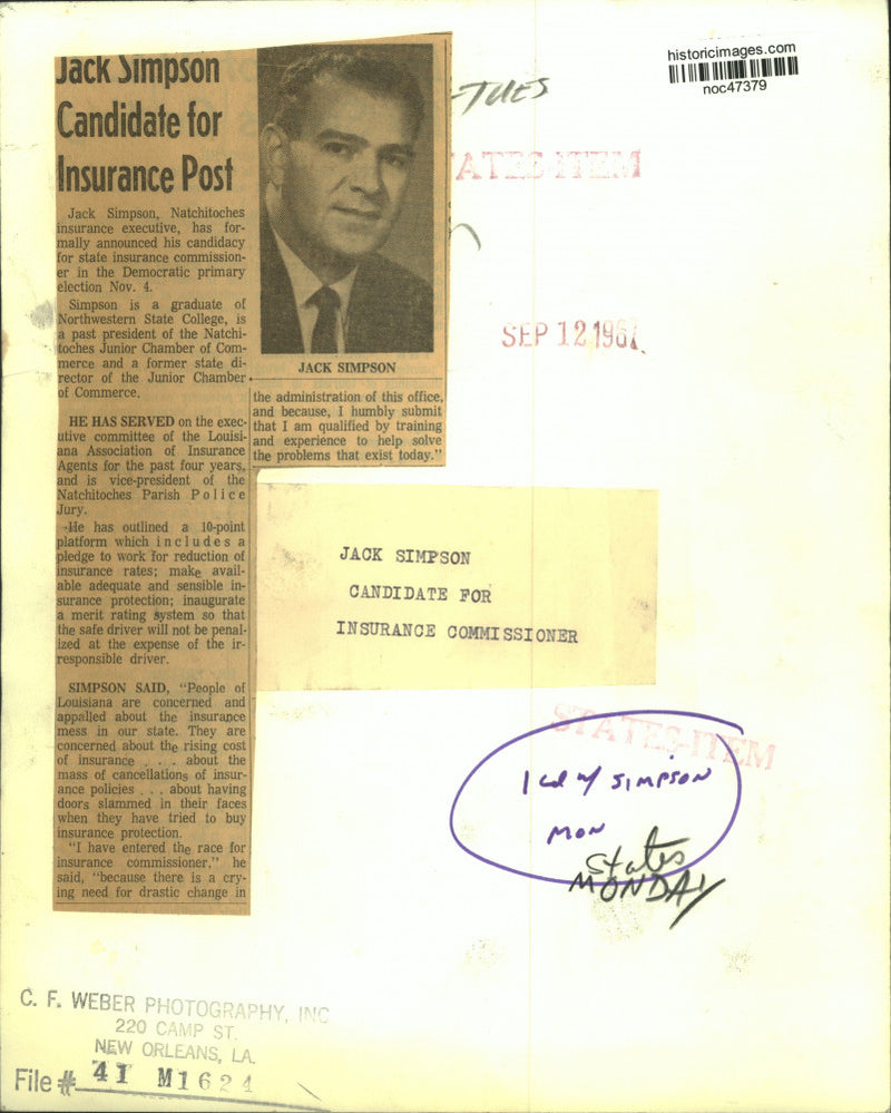 Load image into Gallery viewer, 1967 Press Photo Jack Simpson, Insurance Commissioner Candidate, Louisiana
