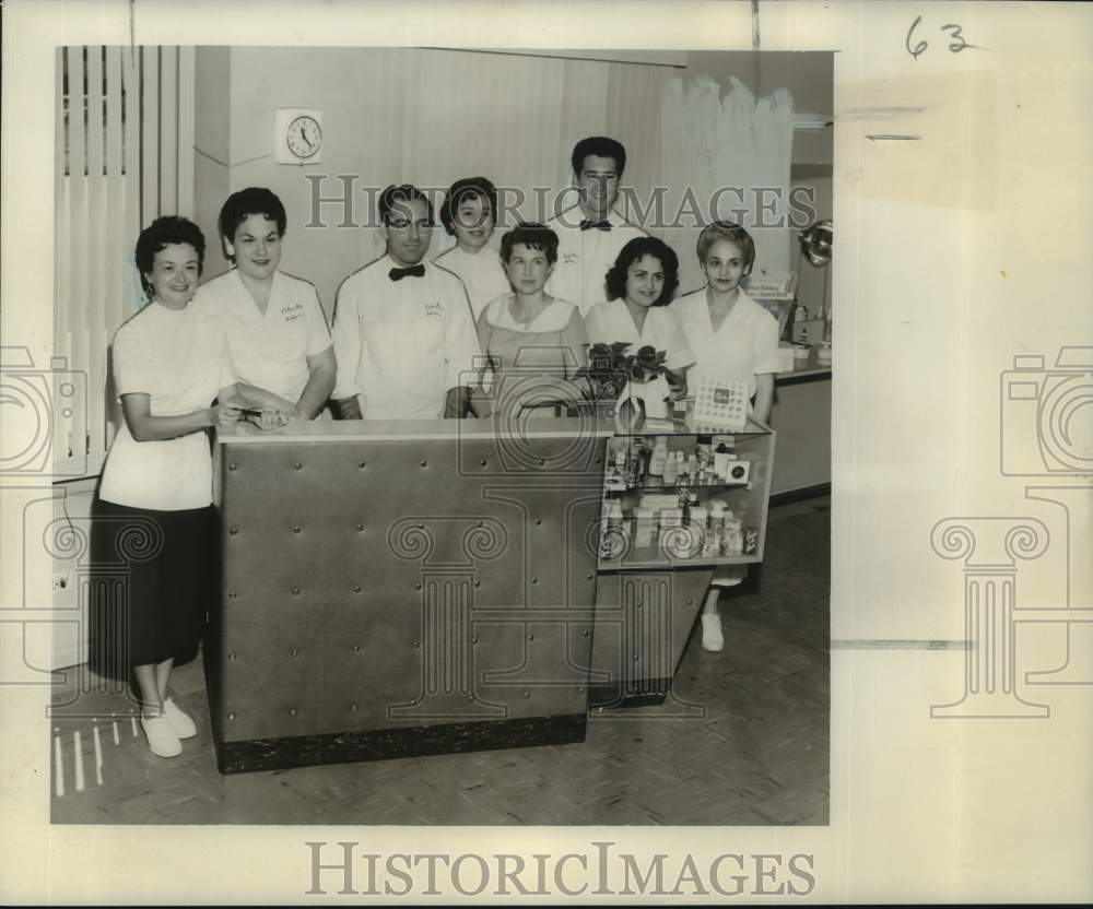 1956 Press Photo Herbert Wohl Beauty Shop second anniversary celebration.