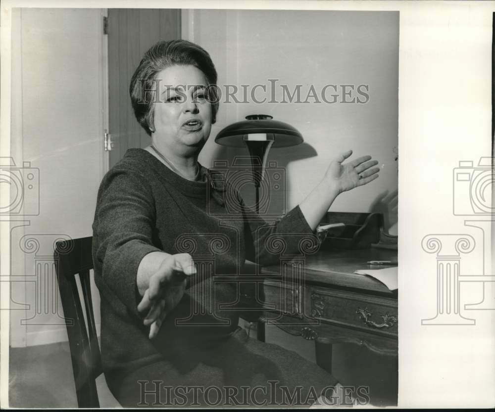 1967 Press Photo Amy Vanderbilt, columnist, talks at her desk - noc51799- Historic Images