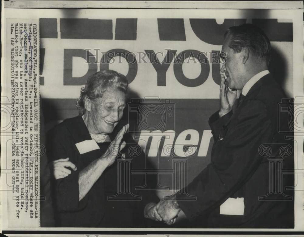 1968 Press Photo Martha Boring, 84, meets George Wallace in Orlando, Florida- Historic Images