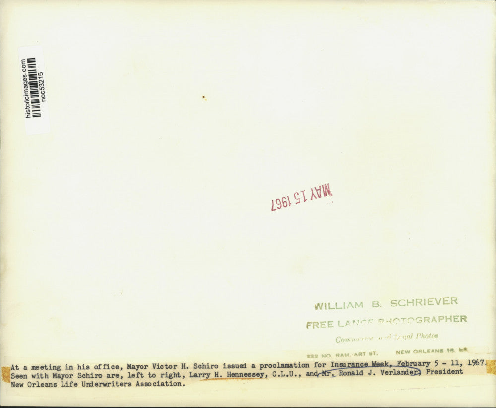 1967 Press Photo Mayor Victor H. Schiro Declares Insurance Week in New Orleans