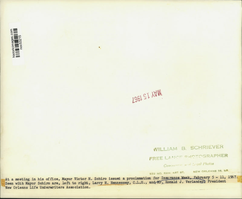 Load image into Gallery viewer, 1967 Press Photo Mayor Victor H. Schiro Declares Insurance Week in New Orleans
