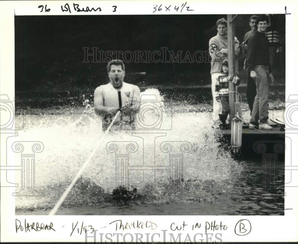 Press Photo Polarbear skiing, Vest helps with the cold. - noc53939- Historic Images