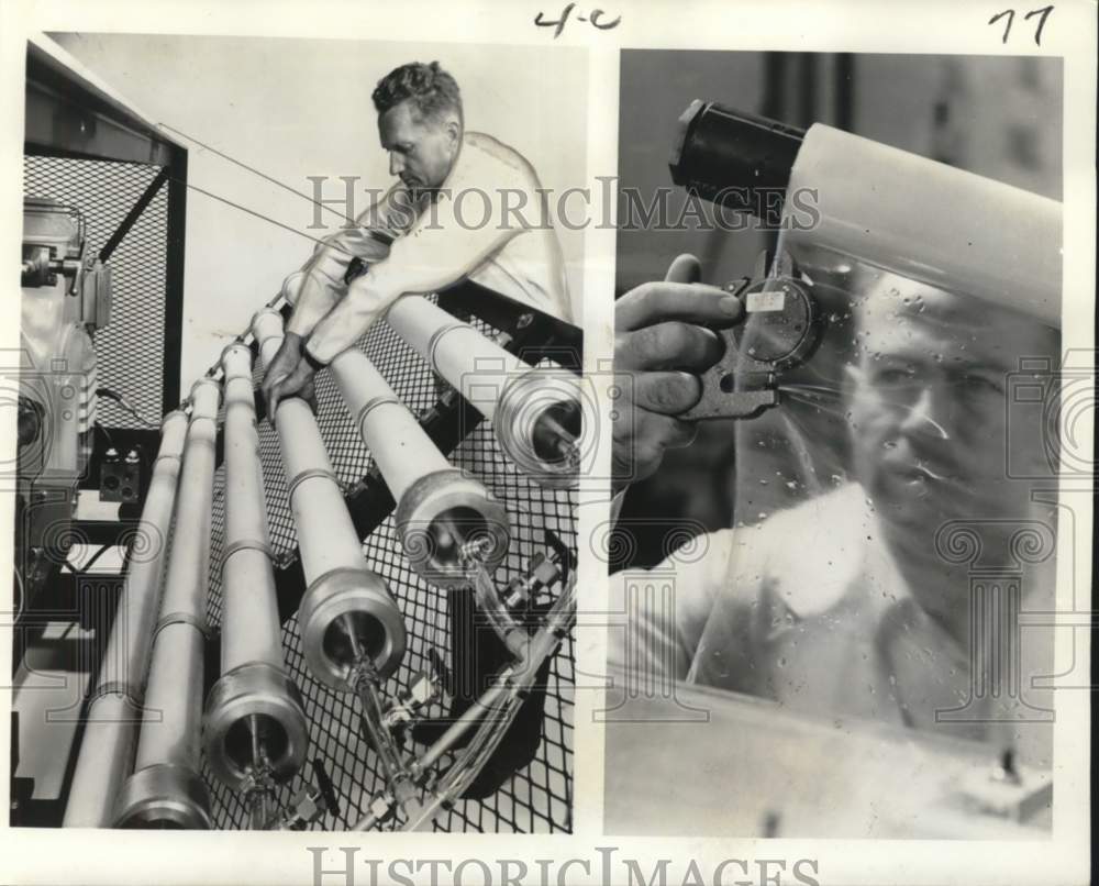 1966 Press Photo Workman checks pressure tubes filled with acetate membranes.