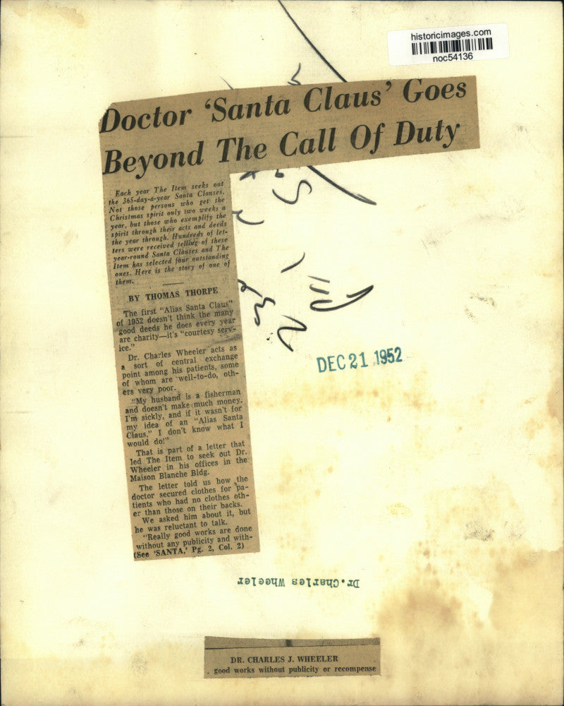 1952 Press Photo Dr. Charles J. Wheeler does good deeds without publicity
