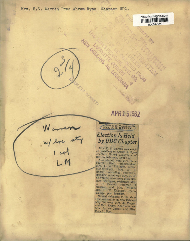 1962 Press Photo Mrs. E.S. Warren, president of Ryan Chapter of Confederacy