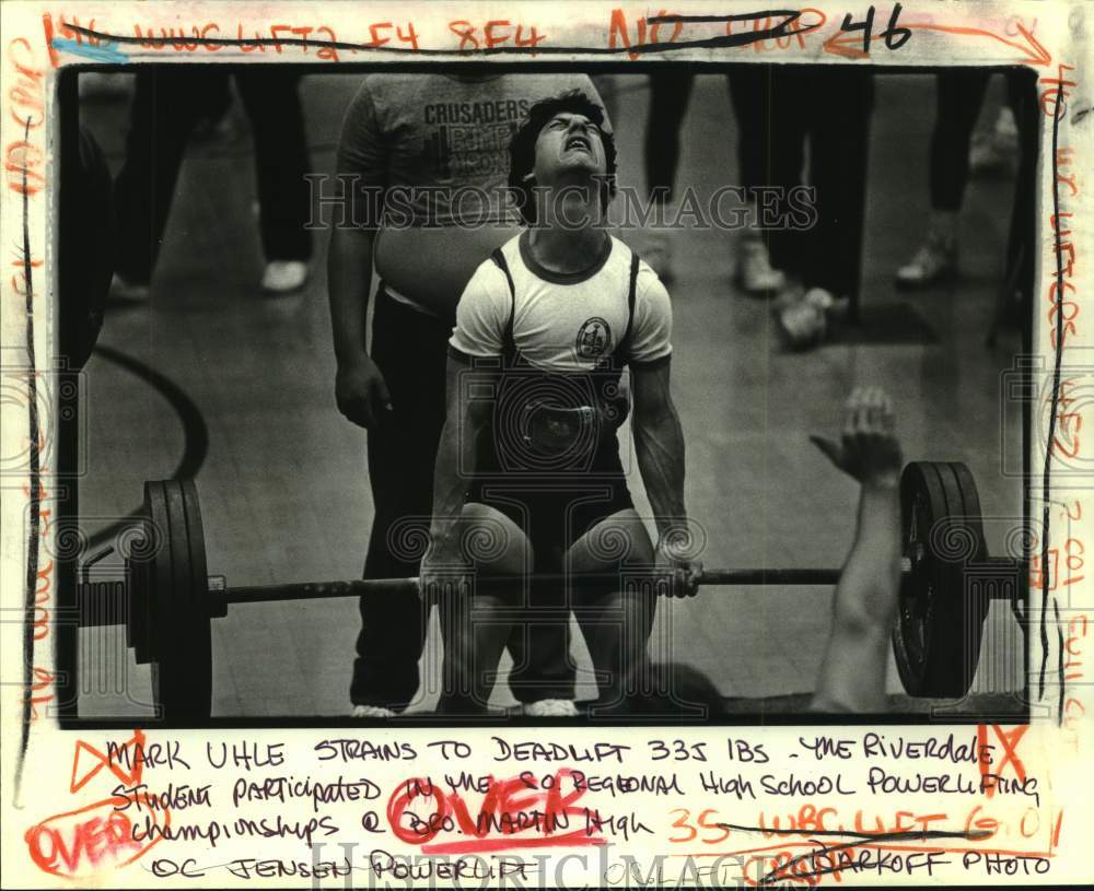 1987 Press Photo Mark Uhle strains to deadlift at Powerlifting Championship- Historic Images