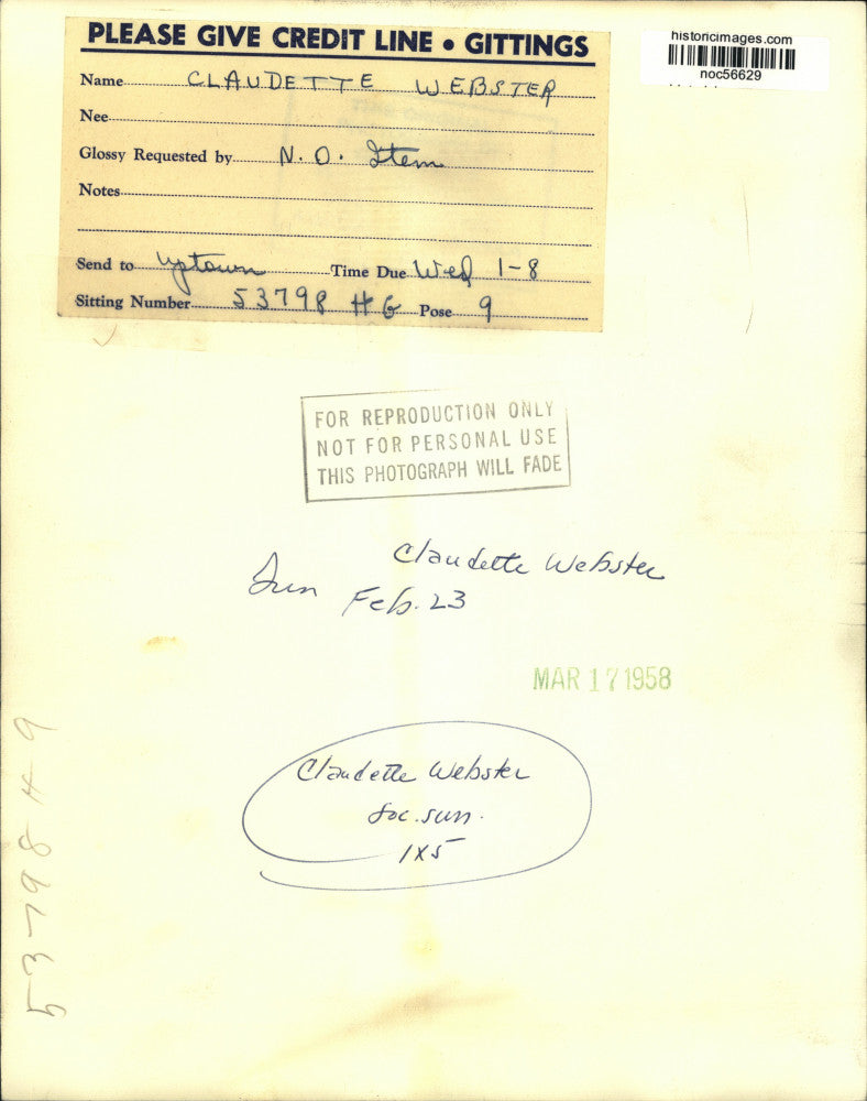 1958 Press Photo Claudette Webster - noc56629