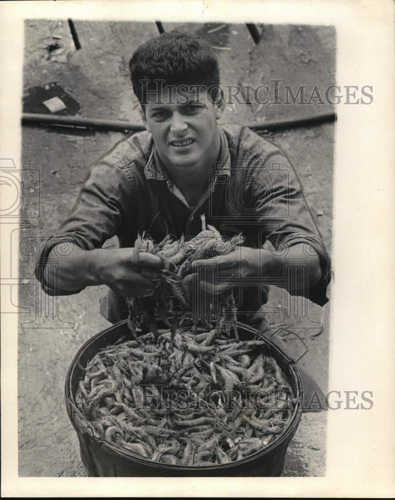 1967 Press Photo Shrimper Henry Steele displays a hamper full of shrimp- Historic Images