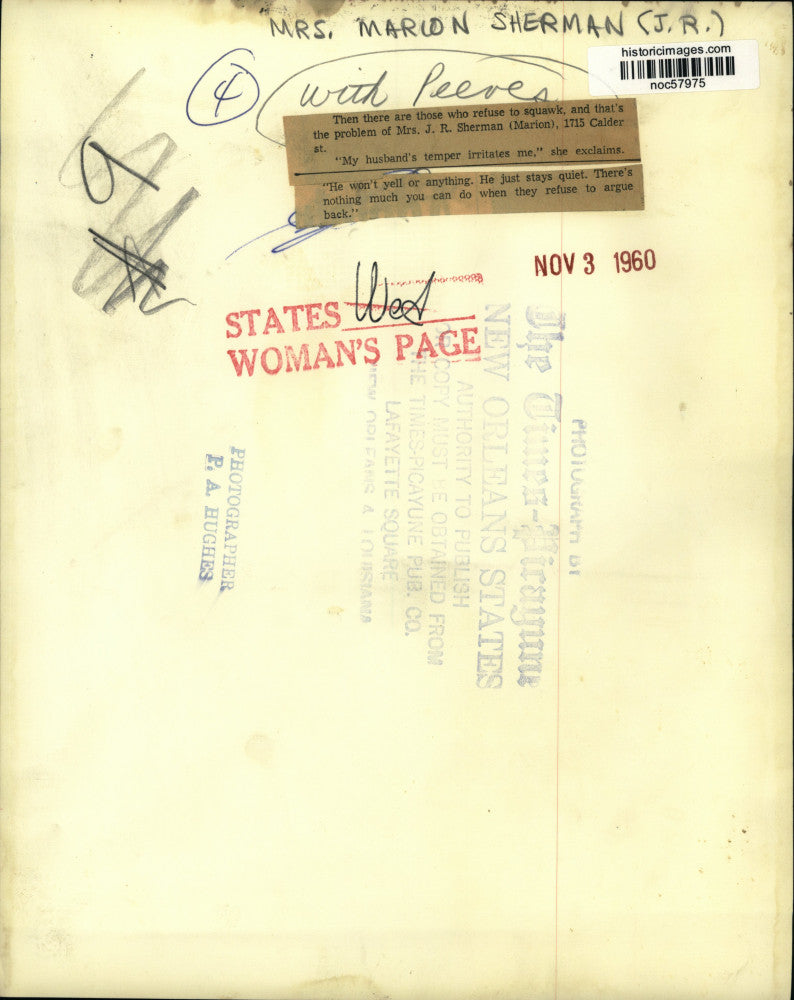 1960 Press Photo Mrs. J. R. Sherman tells how husband's temper irritates her