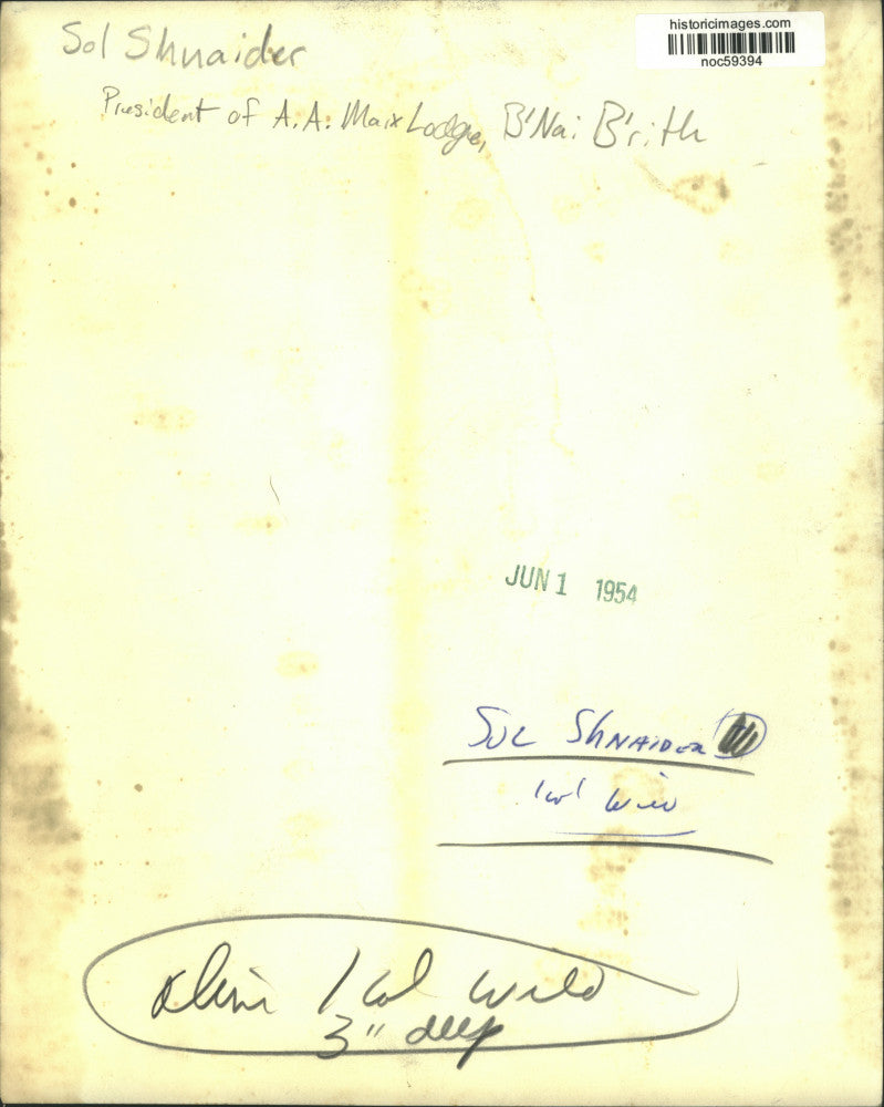 1954 Press Photo Sol Shnaider, President of A. A. Max Lodge B'Nai B'rith
