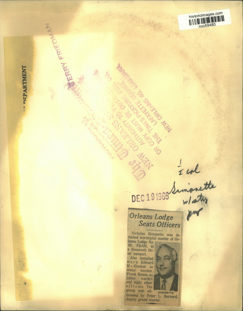 1965 Press Photo Nicholas Simonette, Worshipful Master of Orleans Lodge No. 397