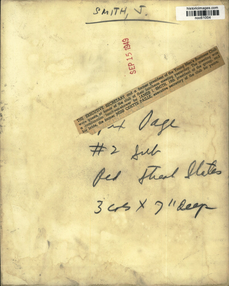 1949 Press Photo James I. Smith & Odette Paille at the YMBC luncheon meeting