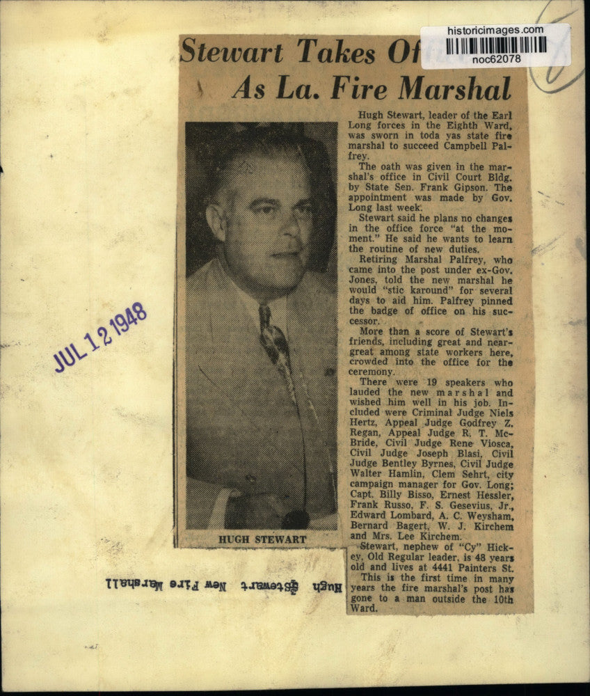 1948 Press Photo Hugh Stewart, New Louisiana Fire Marshal - noc62078