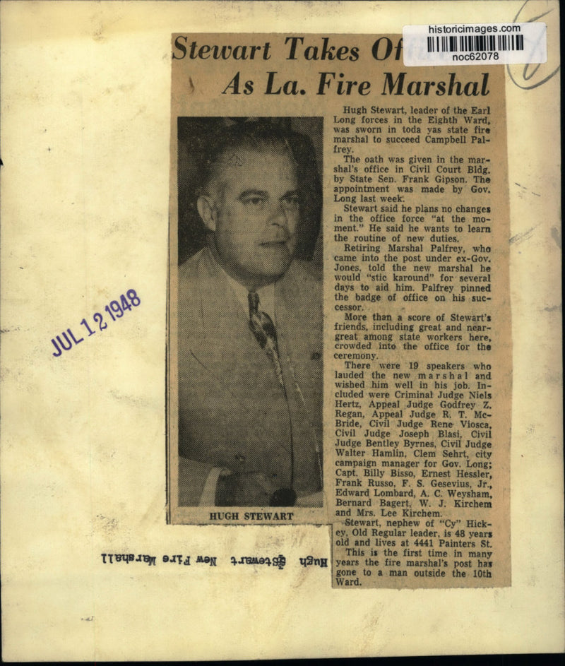 Load image into Gallery viewer, 1948 Press Photo Hugh Stewart, New Louisiana Fire Marshal - noc62078
