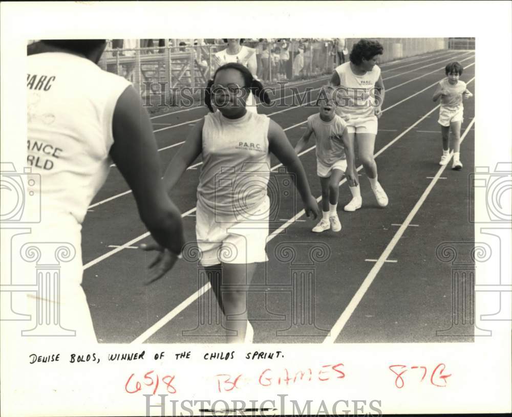 1984 Press Photo Denise Bolos wins children&#39;s sprint at PARC special olympics- Historic Images