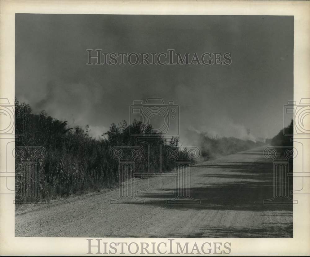 1950 Press Photo Smoke billowing from a brush fire lines a gravel road