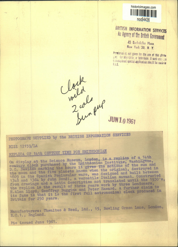 1961 Press Photo Replica of a 14th century clock purchased by the Smithsonian