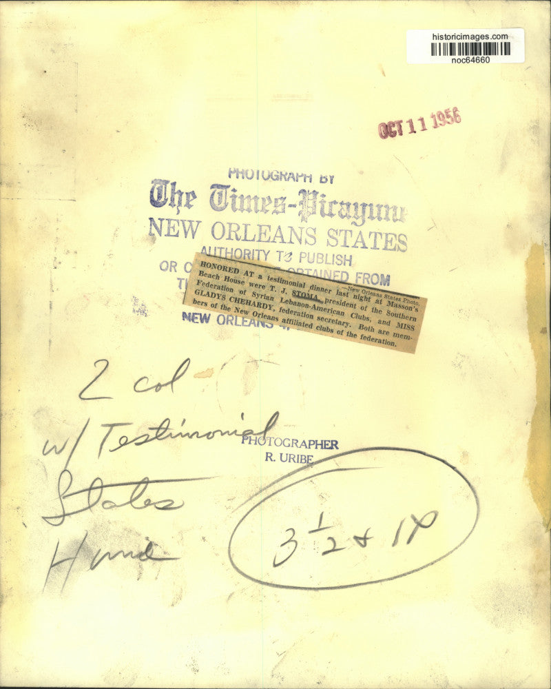 1956 Press Photo T.J. Stoma & Gladys Chehardy honored at Masson's Beach House