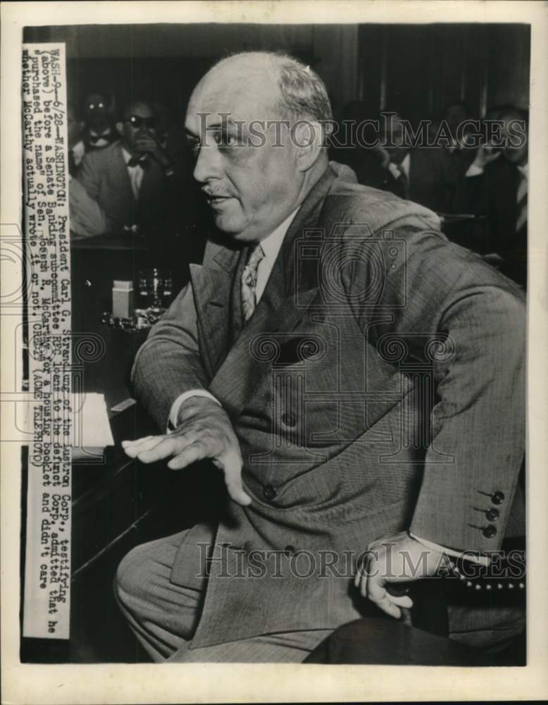 1950 Press Photo Carl G. Strandlung before a Senate Banking subcommittee hearing