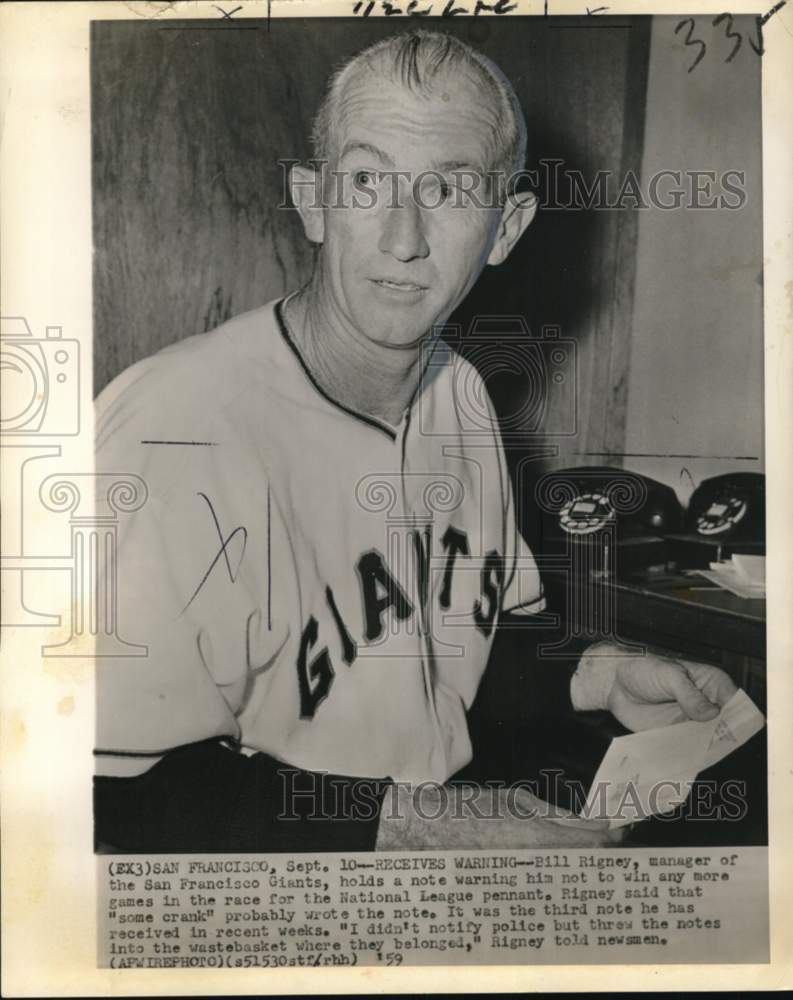 1959 Press Photo Bill Rigney, San Francisco Giants manager received threat note- Historic Images