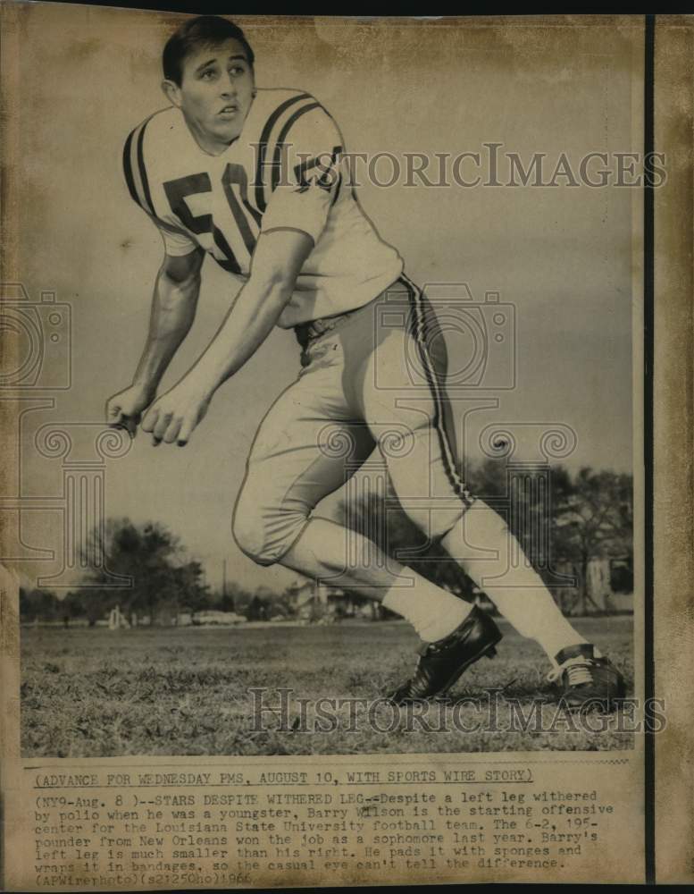 1966 Press Photo Polio victim Barry Wilson is LSU&#39;s football team starter.- Historic Images