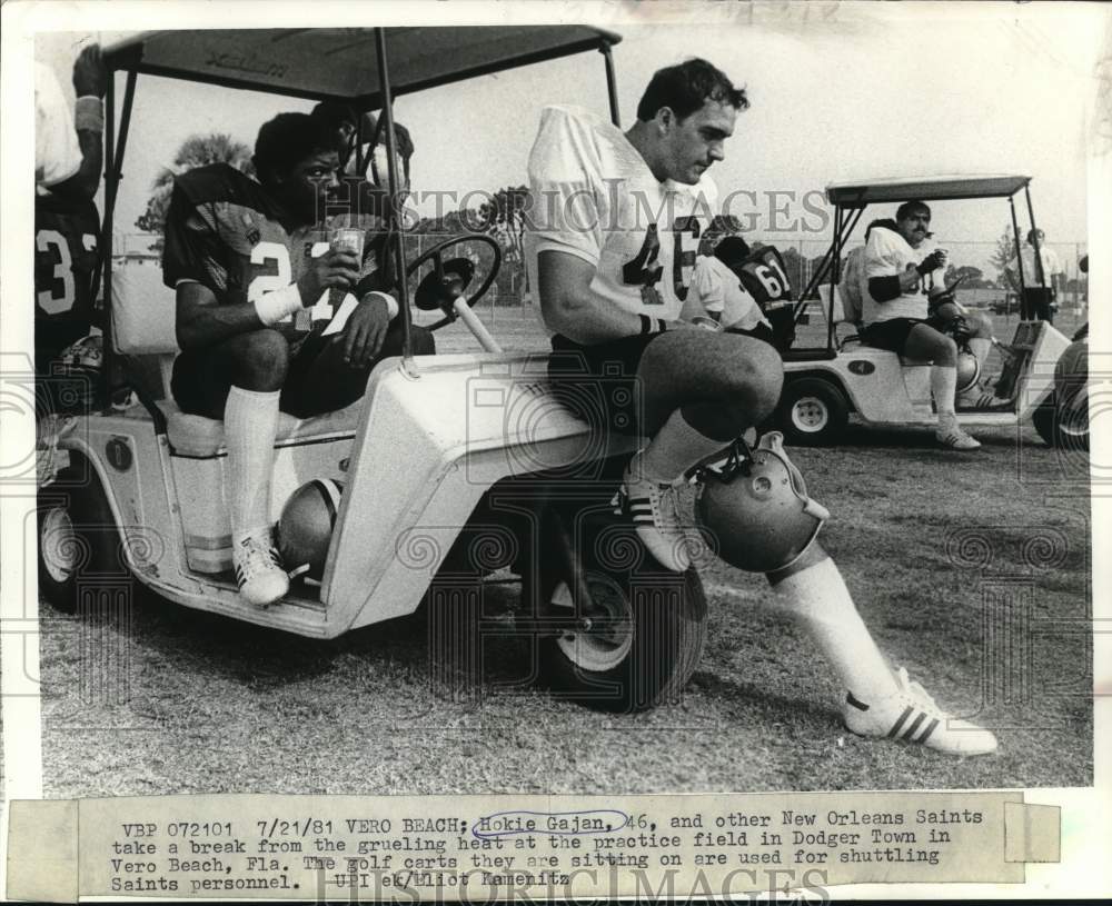 1981 Press Photo Football players of Saints sit on golf carts in Vero Beach- Historic Images