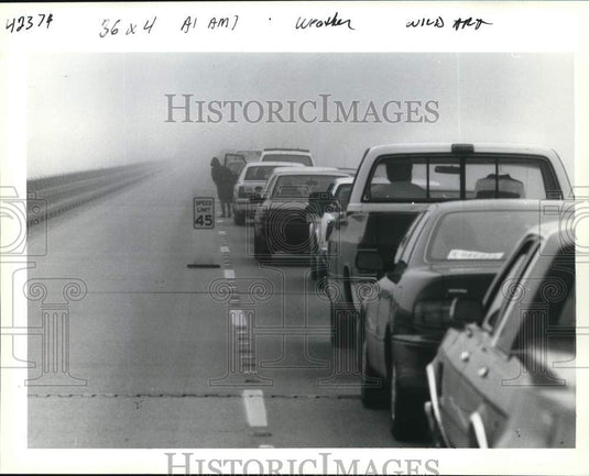 1992 Press Photo Traffic comes to halt on foggy Southbound Causeway - noc81572