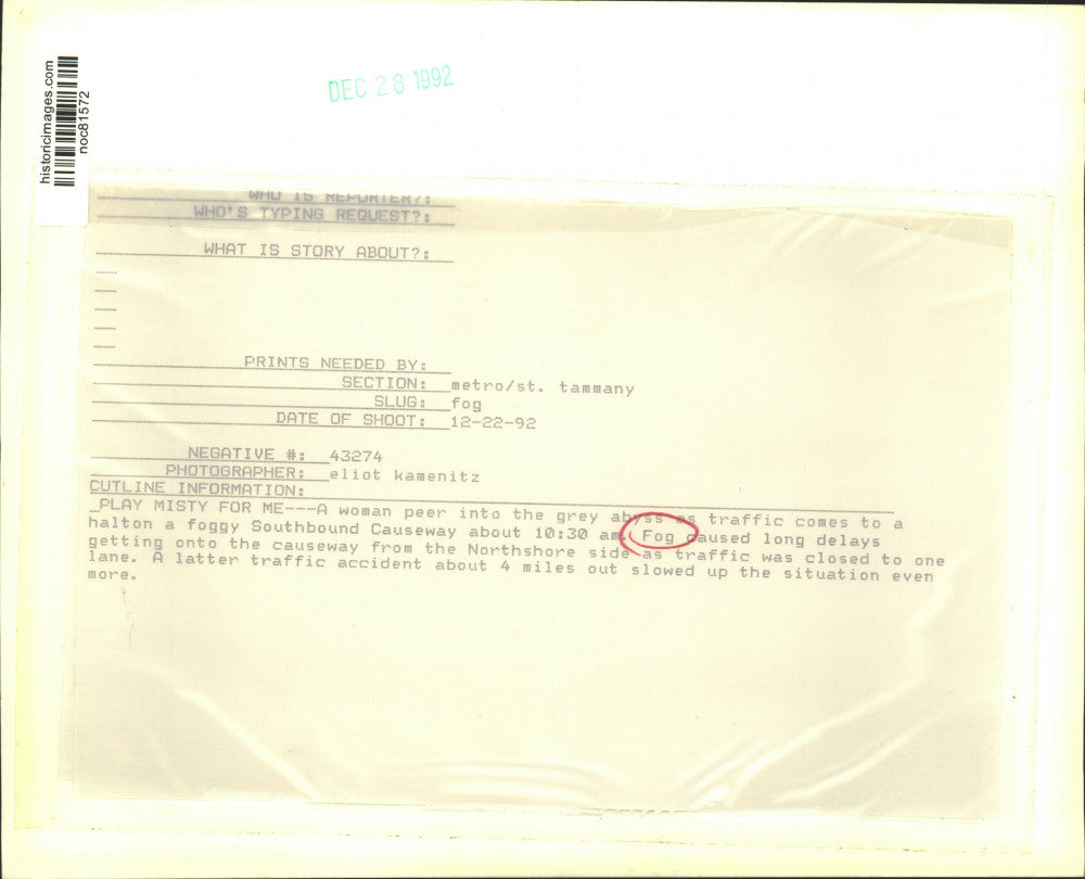 1992 Press Photo Traffic comes to halt on foggy Southbound Causeway - noc81572