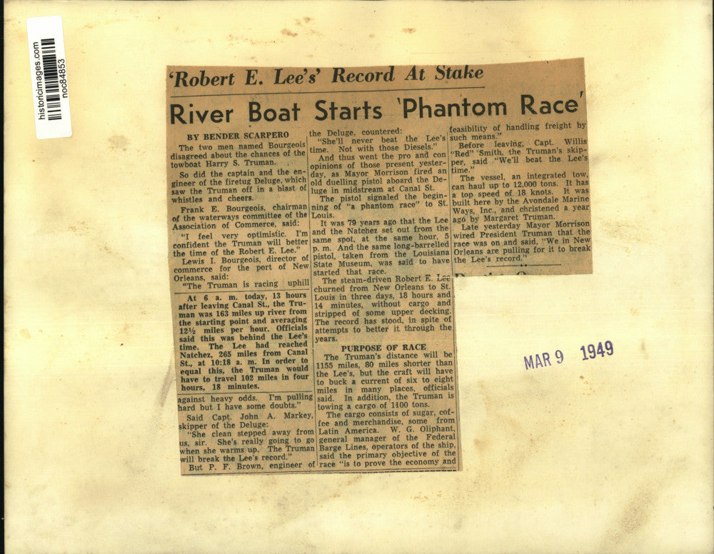 1949 Press Photo The Truman river boat starts 'Phantom Race' in blast of cheers