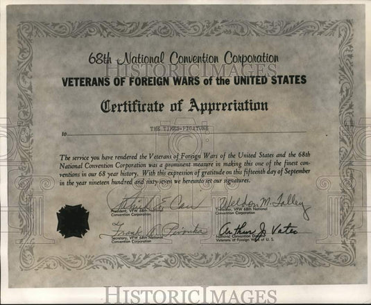 1967 Press Photo Certificate to Times-Picayune from  Veteran of Foreign Wars - Historic Images